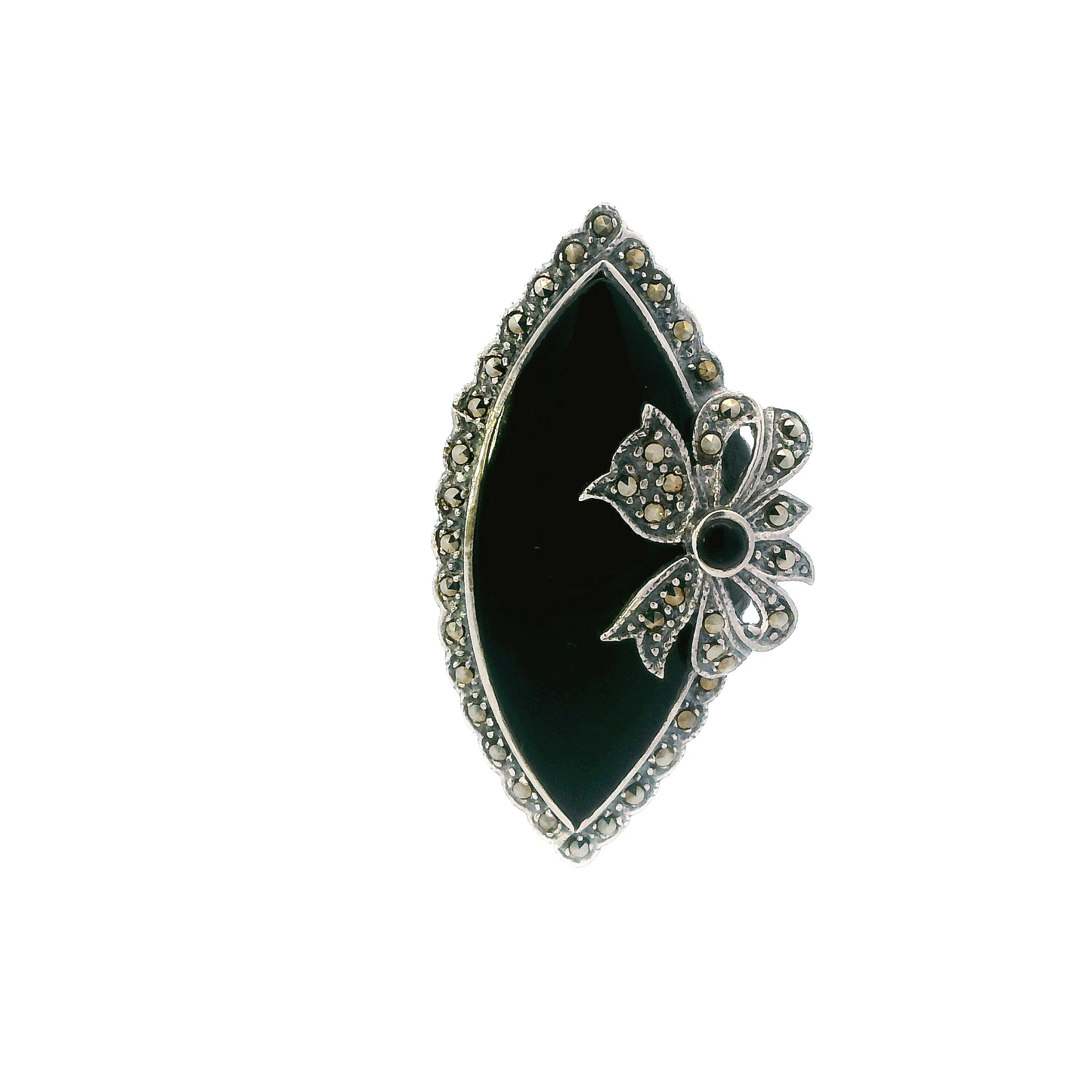 Vintage Silver Onyx Almond Shaped Brooch