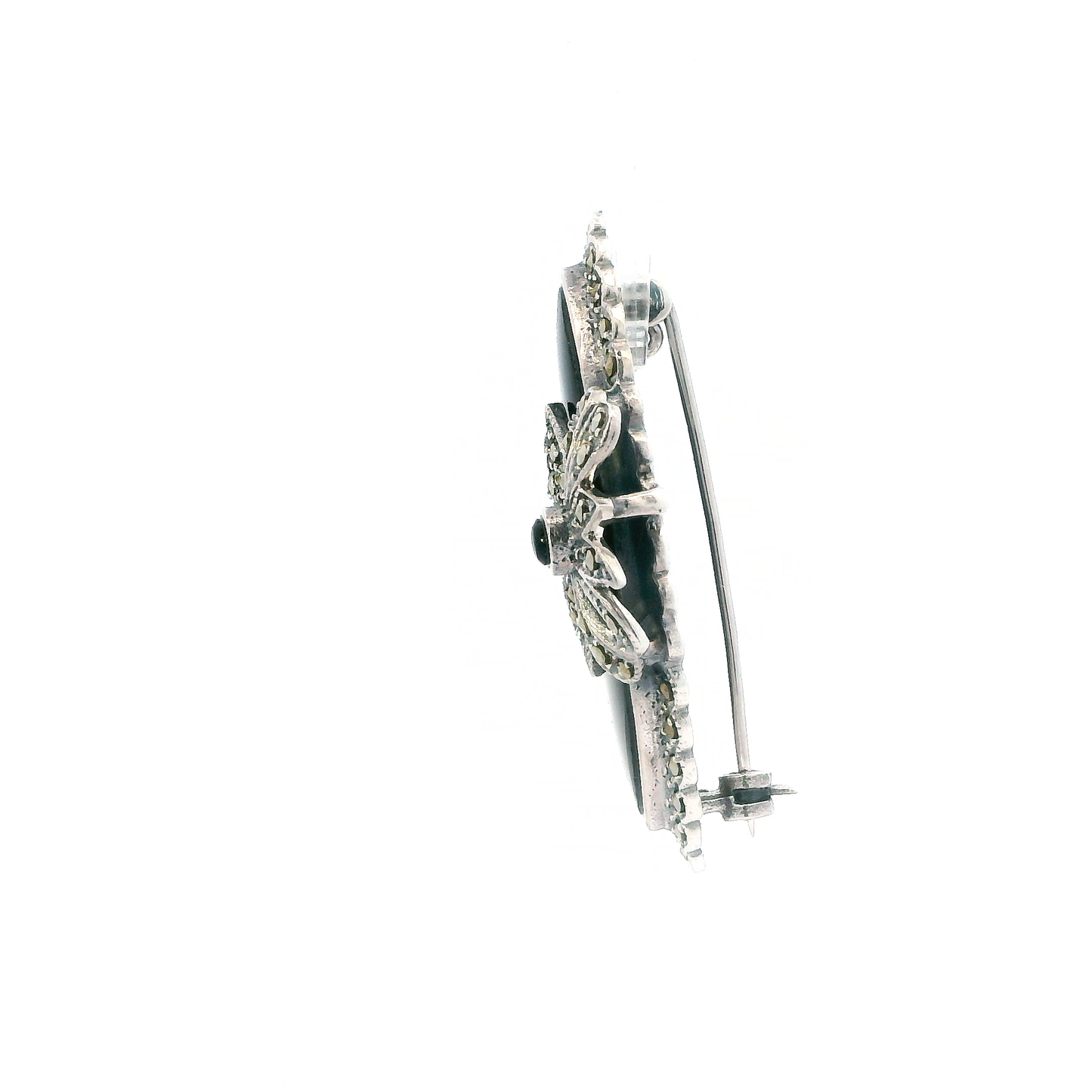 Vintage Silver Onyx Almond Shaped Brooch