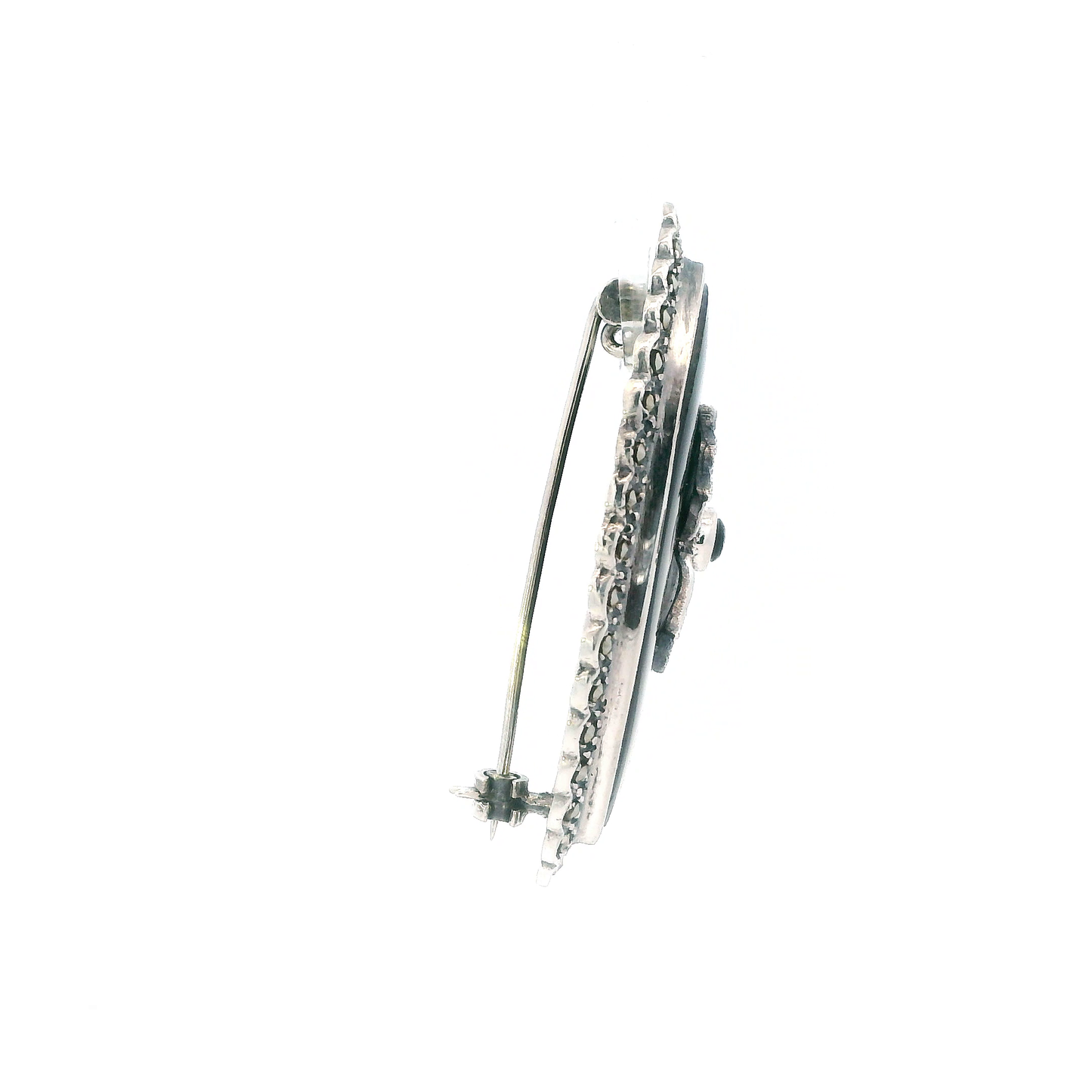 Vintage Silver Onyx Almond Shaped Brooch
