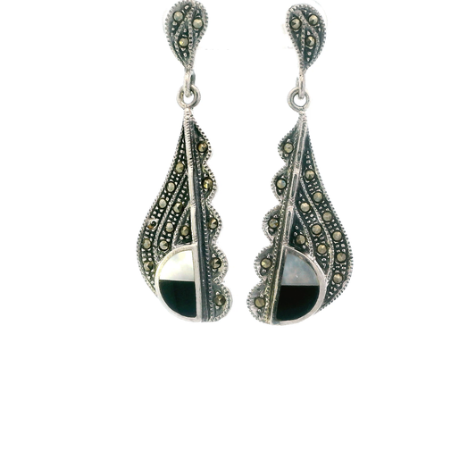 Vintage Silver Onyx & Mop Dangle Earrings