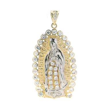10K Yellow & White Gold CZ Virgin Mary Pendant