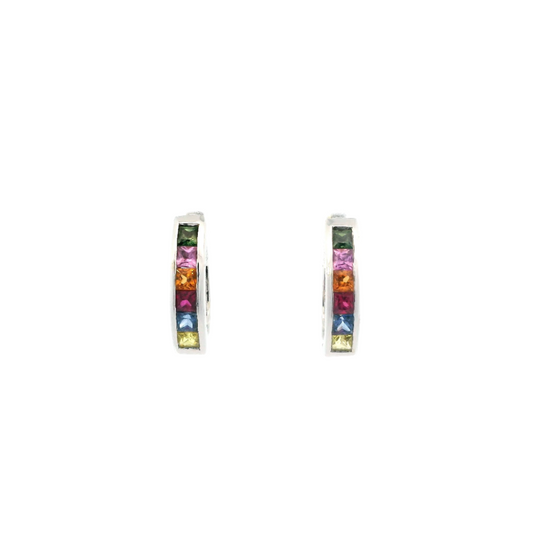 18K White Gold Multi Colored Sapphire Huggie Hoop Earrings