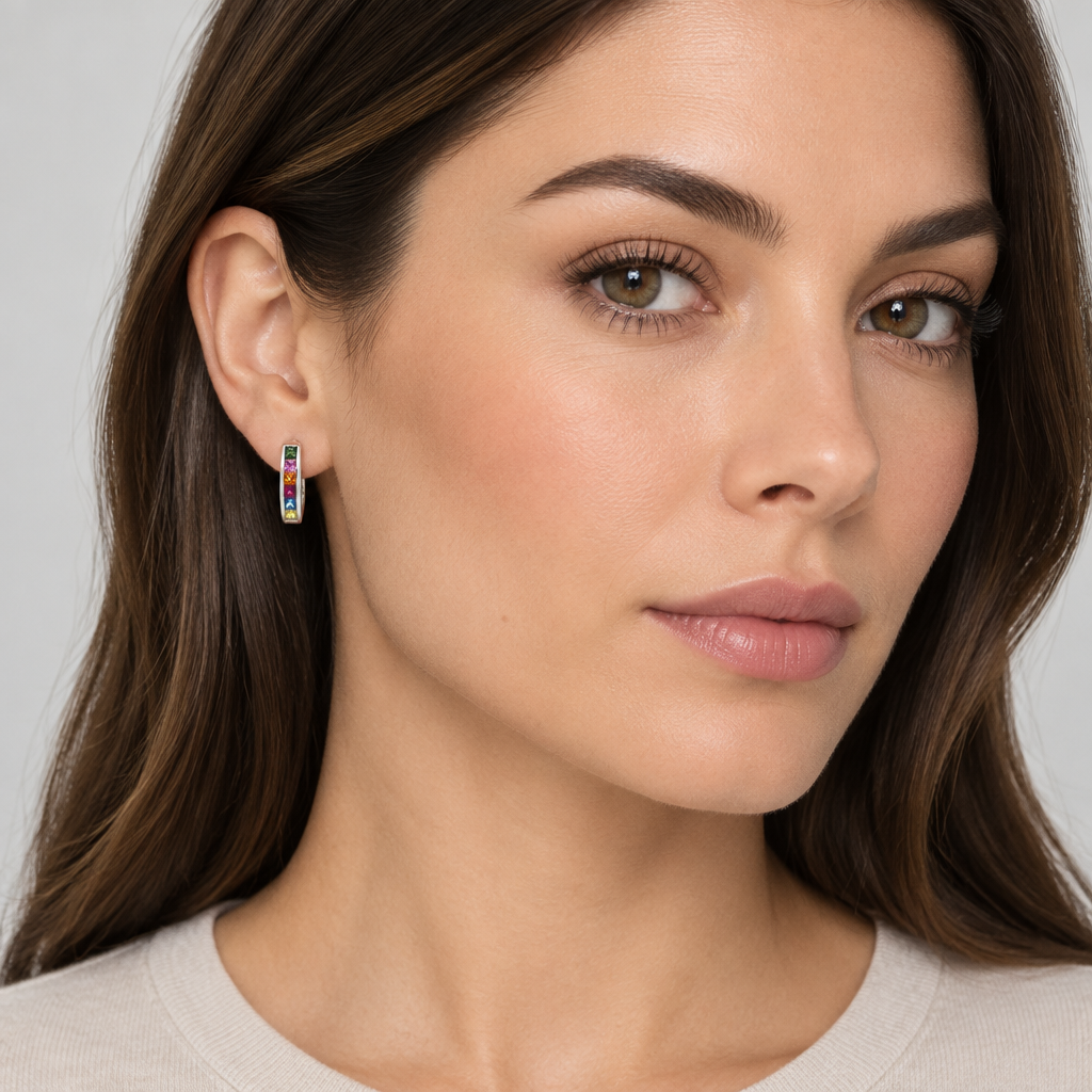 18K White Gold Multi Colored Sapphire Huggie Hoop Earrings