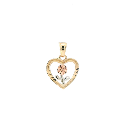 14K Tri Color Rose In Heart Pendant