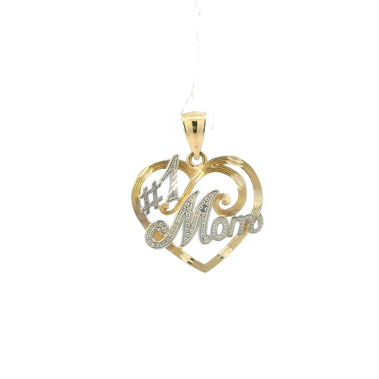 14K Yellow Gold Diamond Cut "#1 Mom " Heart Pendant