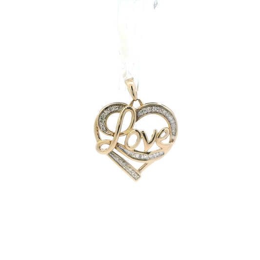 10K Yellow Gold "Love" Diamond Heart Pendant - 0.11ct