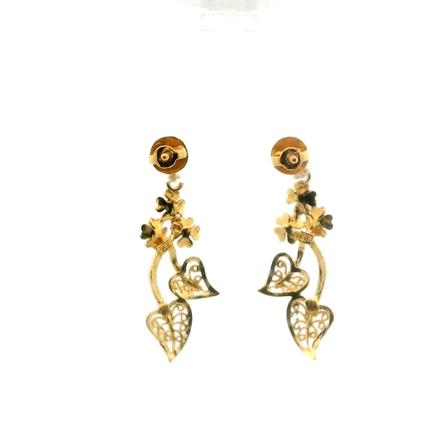 21K Yellow Gold Diamond Cut Flower & Leaf Dangle Earrings
