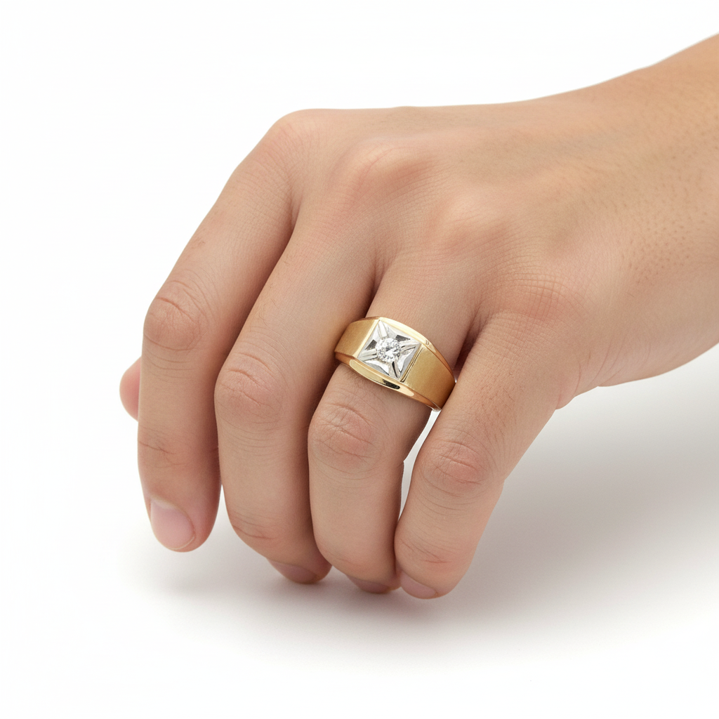 14K Yellow Gold Solitaire Diamond Mens Ring - 0.20ct