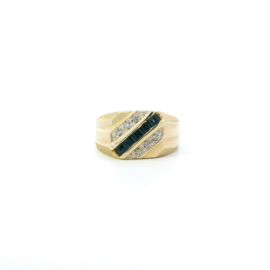14K Yellow Gold Diamond & Sapphire Mens Ring - 0.06ct