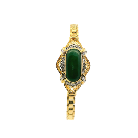 18K Yellow Gold Green Jade & Diamond Bracelet - 0.40ct