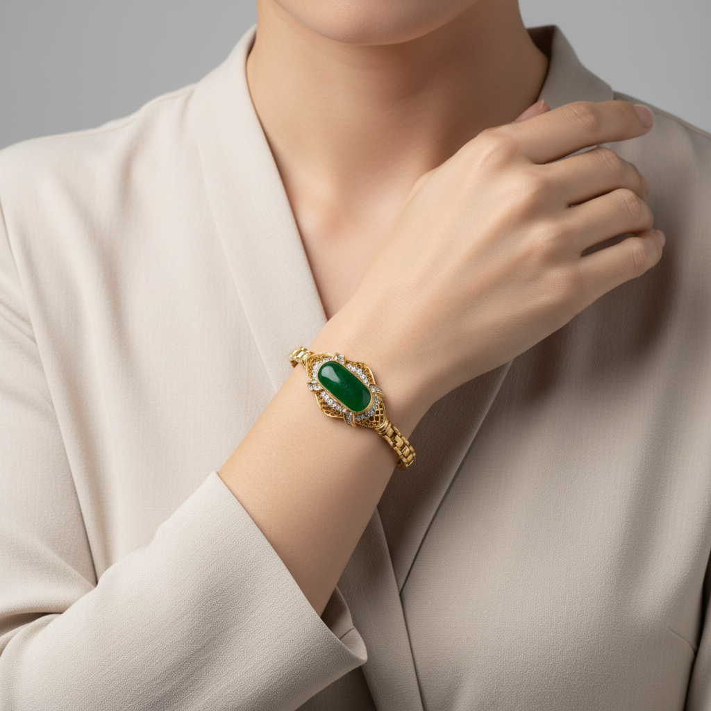 18K Yellow Gold Green Jade & Diamond Bracelet - 0.40ct