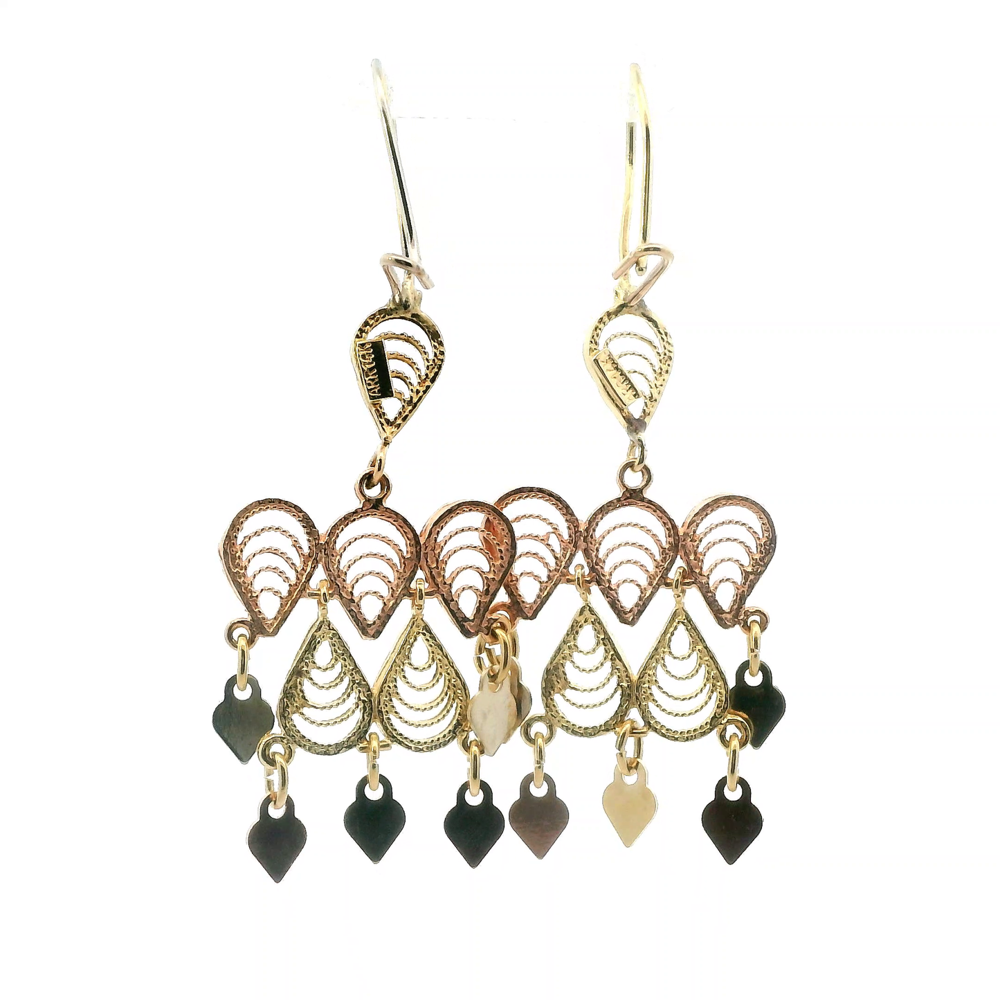 14K Tri Color Gold Chandelier Filigree Earrings