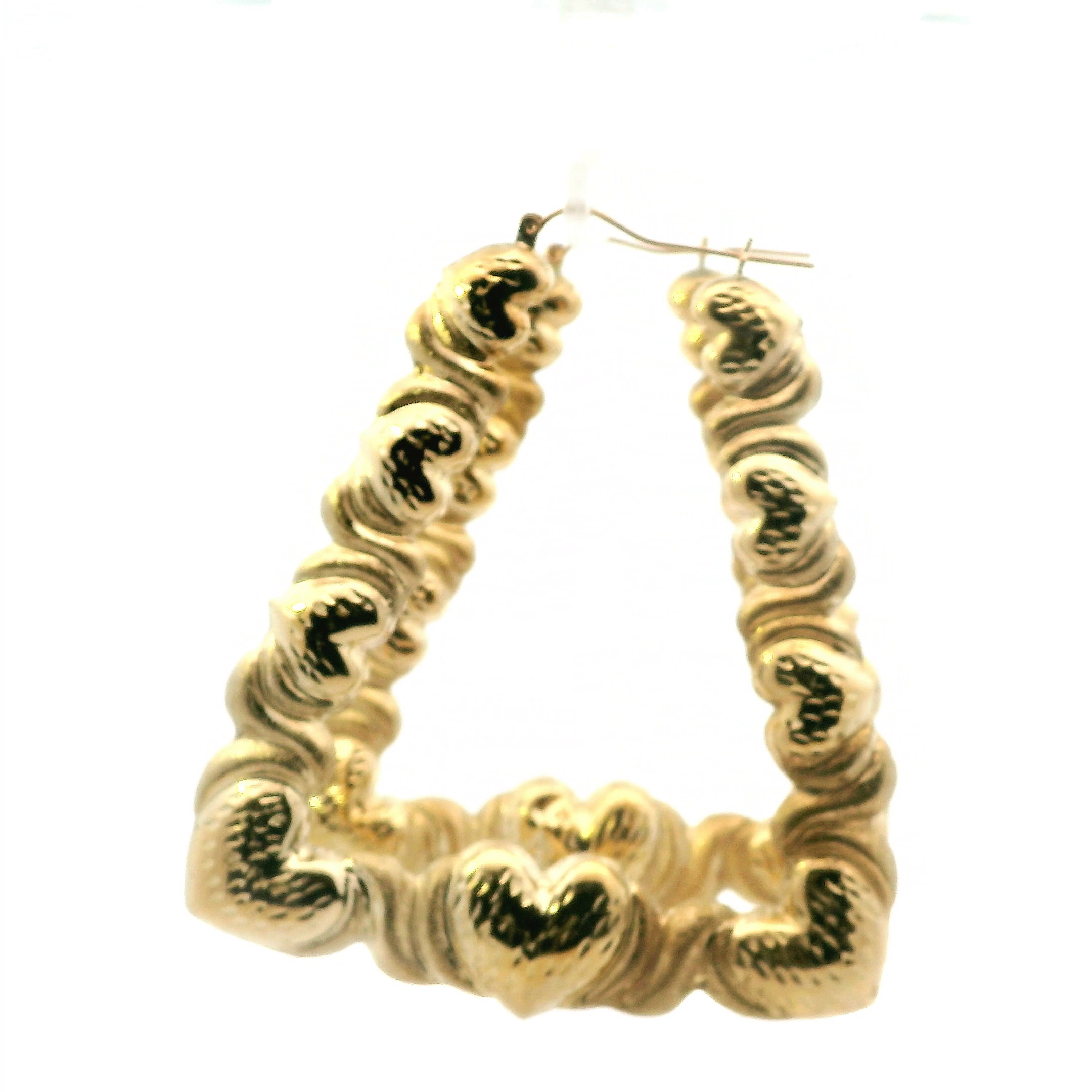 10K Yellow Gold Triangle Bamboo With Hearts Earrings