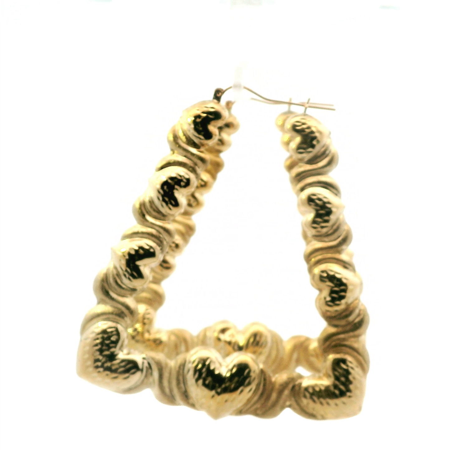 10K Yellow Gold Triangle Bamboo With Hearts Earrings