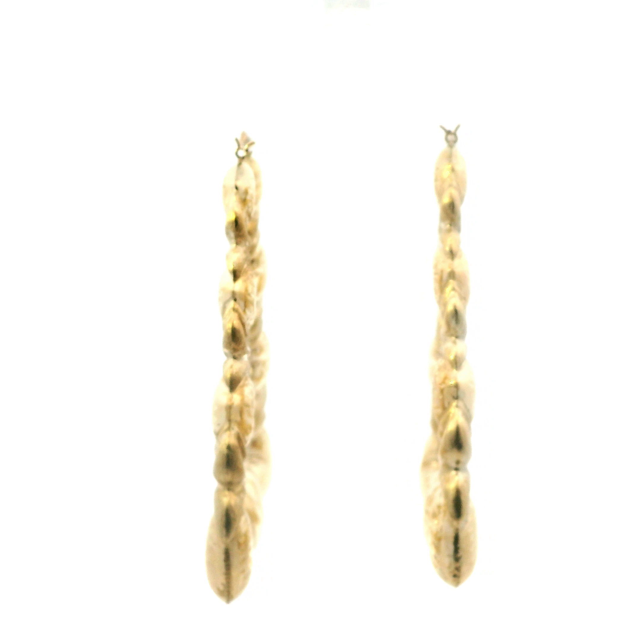 10K Yellow Gold Triangle Bamboo With Hearts Earrings