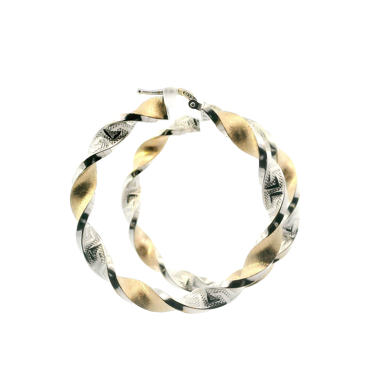 14K White & Yellow Gold Twisted Greek Design Hoop Earrings