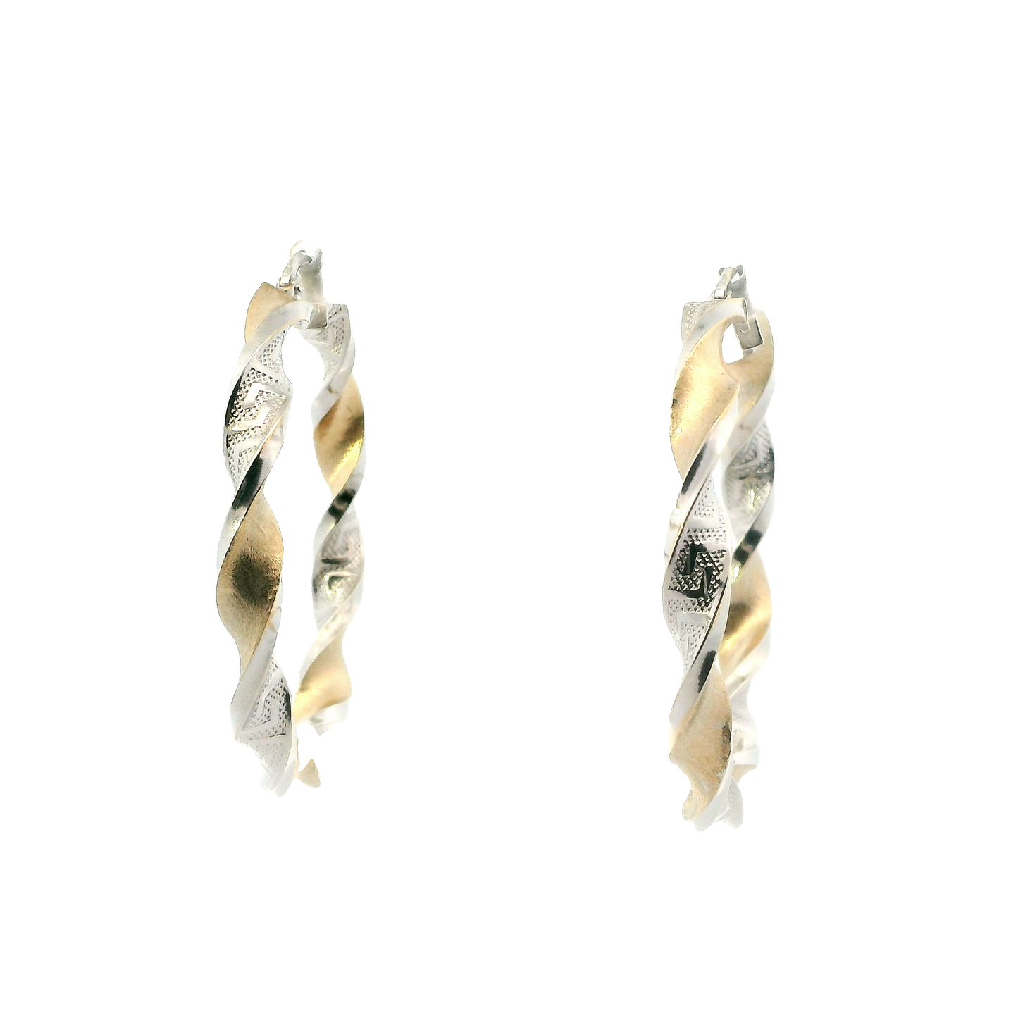 14K White & Yellow Gold Twisted Greek Design Hoop Earrings