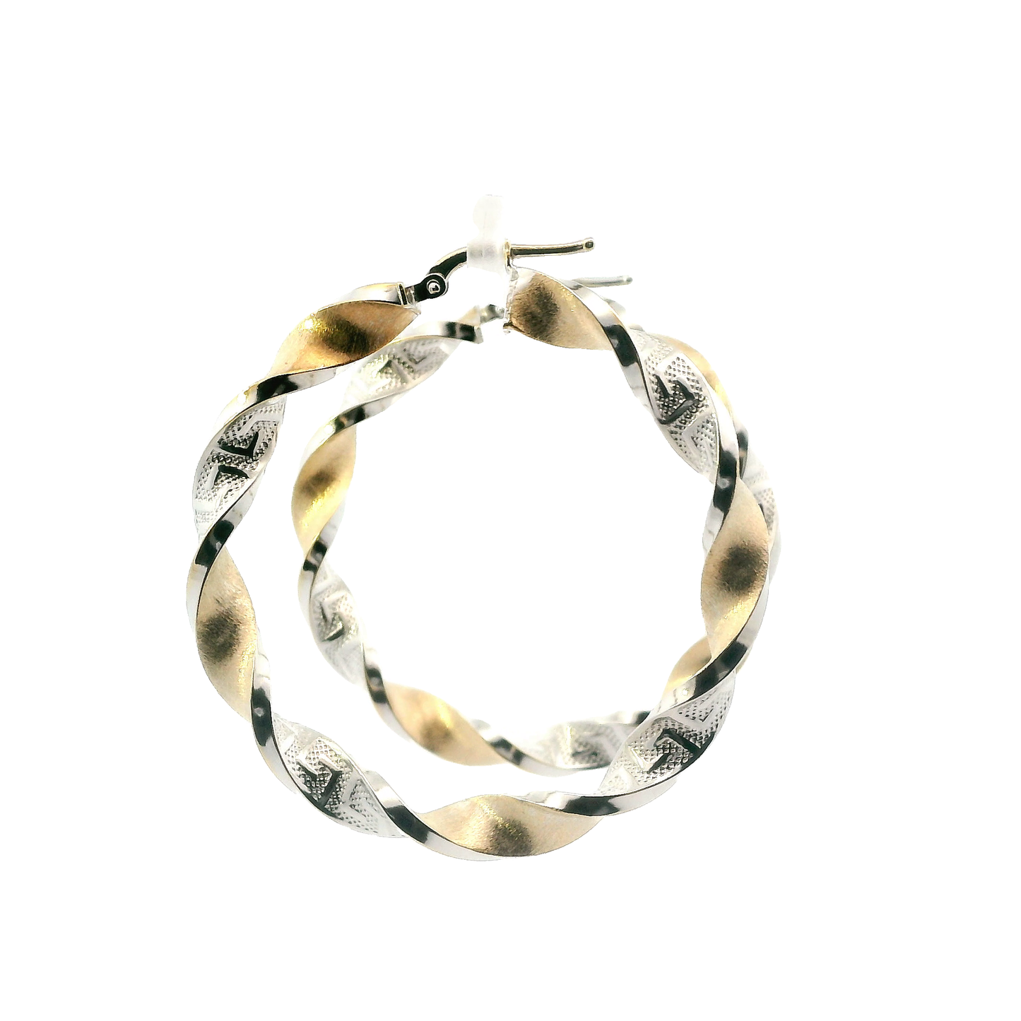 14K White & Yellow Gold Twisted Greek Design Hoop Earrings