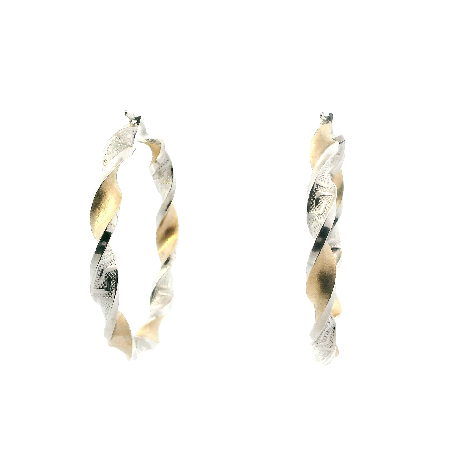 14K White & Yellow Gold Twisted Greek Design Hoop Earrings