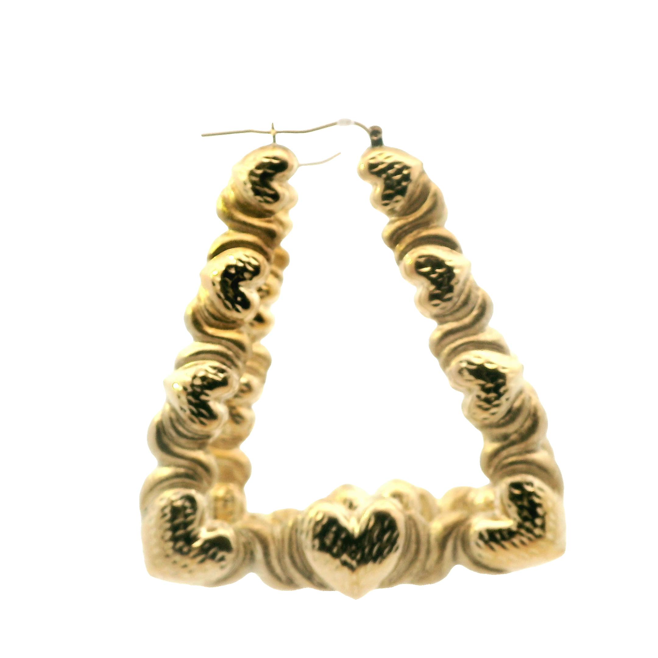 10K Yellow Gold Triangle Bamboo With Hearts Earrings