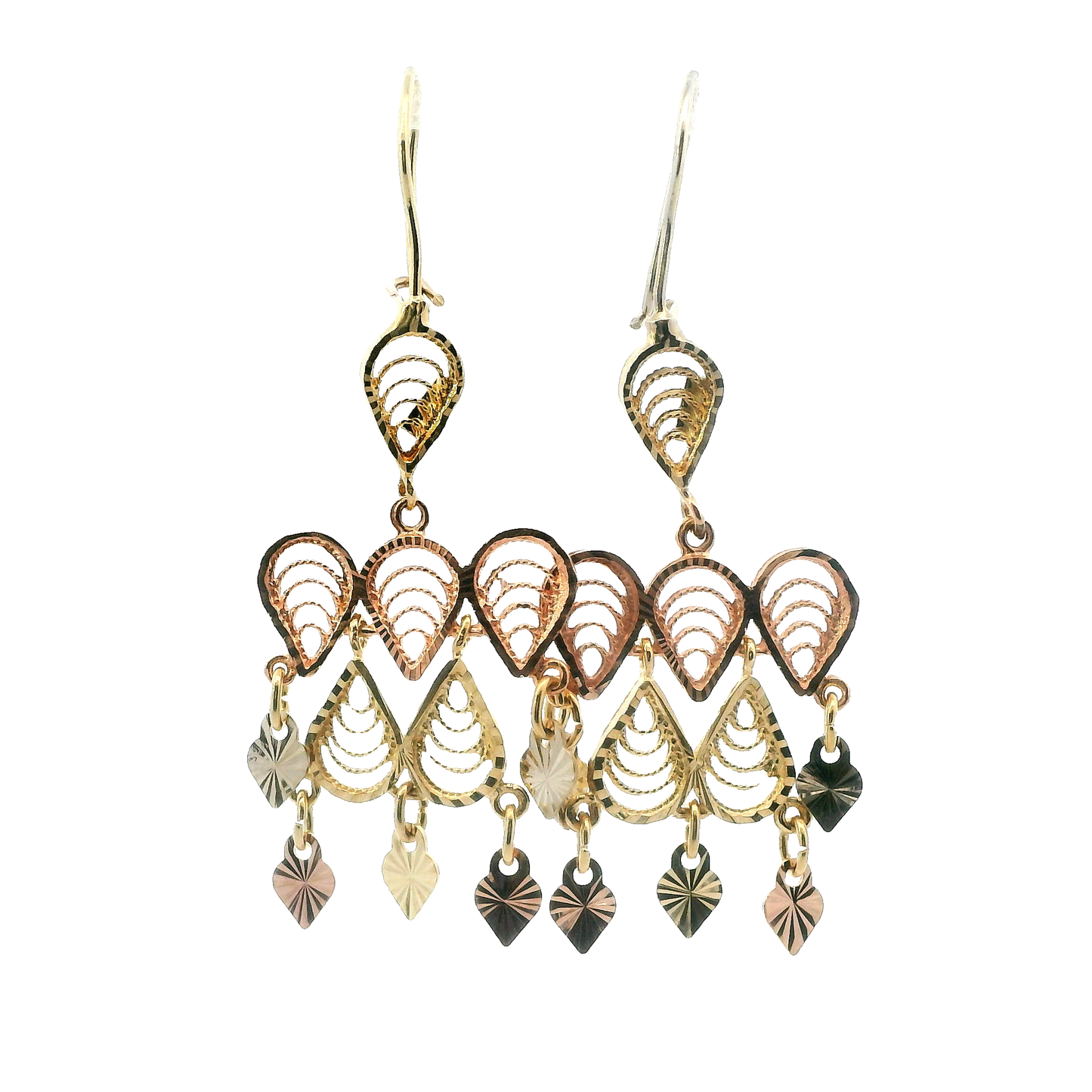 14K Tri Color Gold Chandelier Filigree Earrings