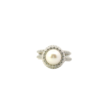 14K White Gold Pearl And Diamond Engagement & Wedding Ring Set - 0.78ct