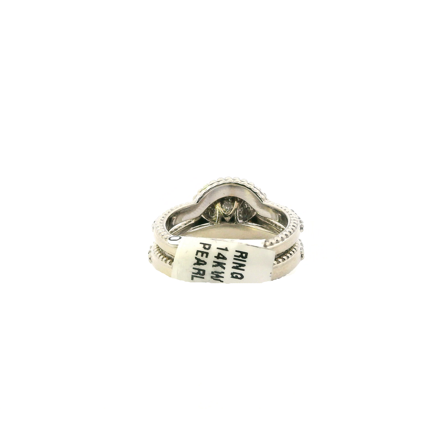 14K White Gold Pearl And Diamond Engagement & Wedding Ring Set - 0.78ct