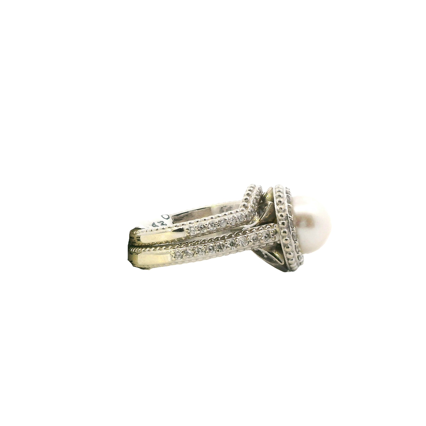 14K White Gold Pearl And Diamond Engagement & Wedding Ring Set - 0.78ct