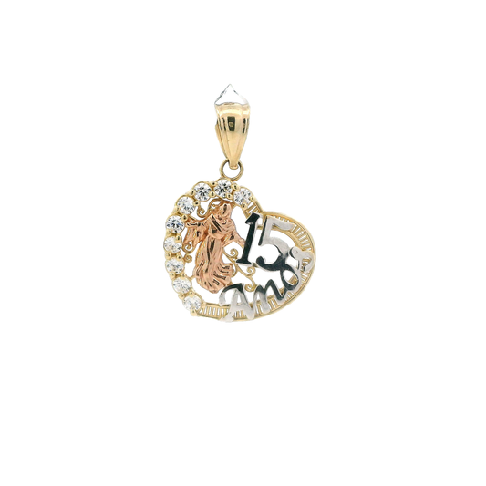 10K Tri Color Gold "15 Anos" Heart Pendant