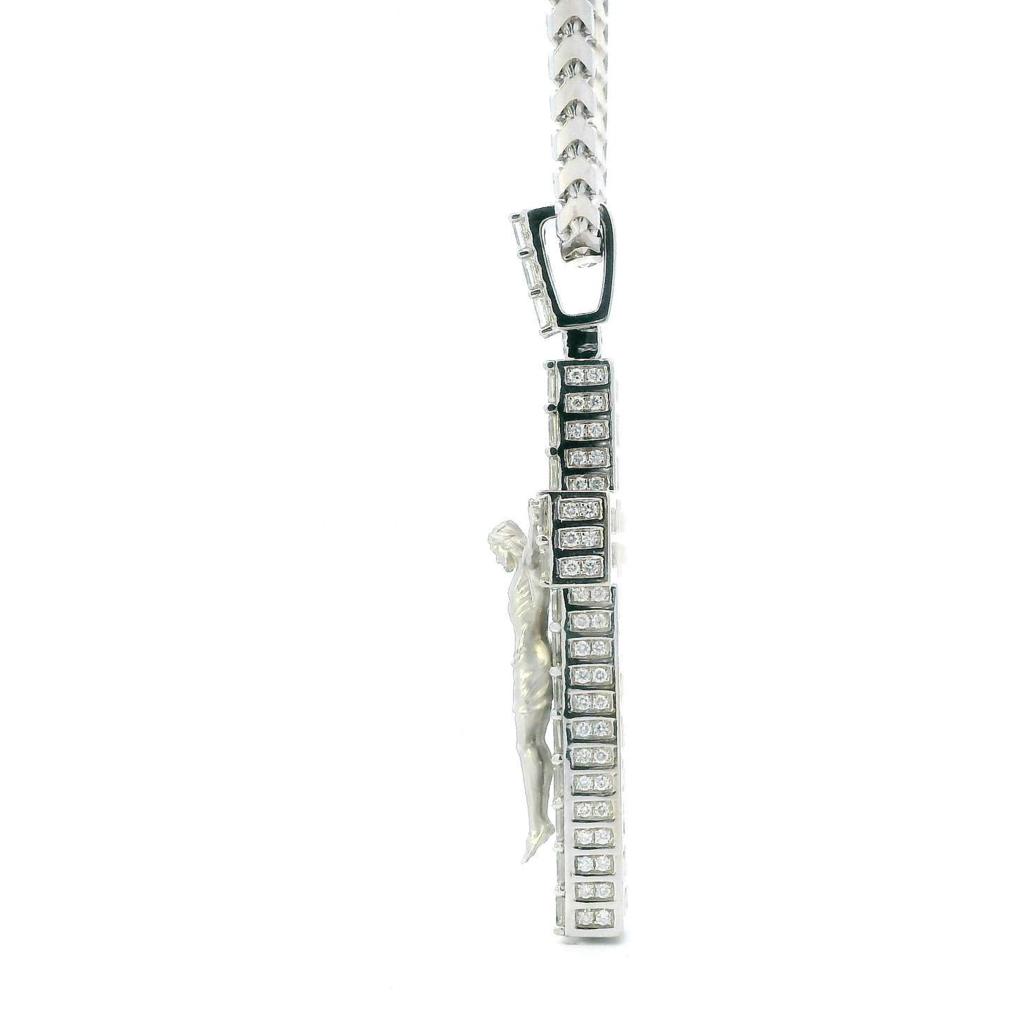 14K White Gold Diamond Crucifix Pendant & 23.75" Franco Chain - 11.96ct