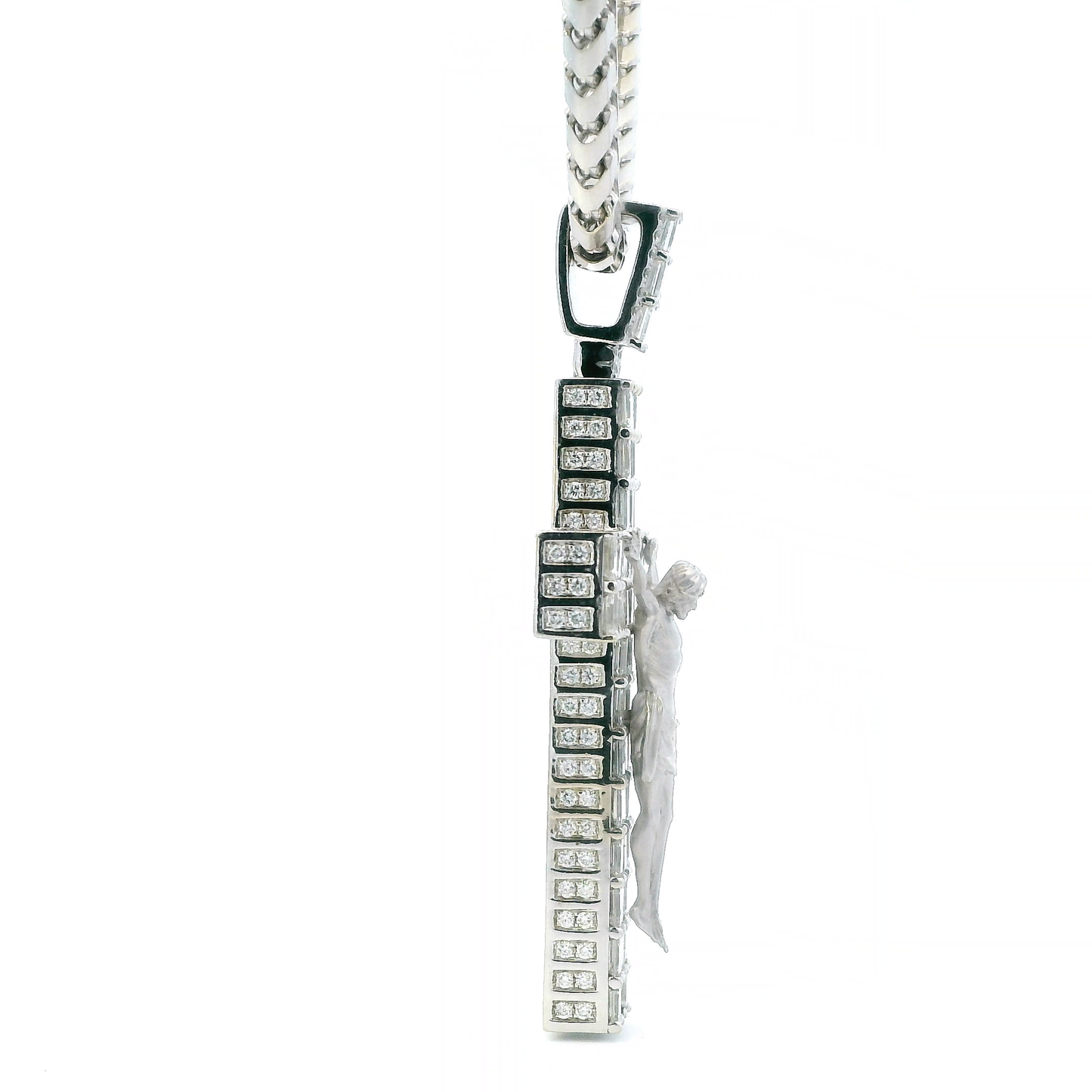 14K White Gold Diamond Crucifix Pendant & 23.75" Franco Chain - 11.96ct
