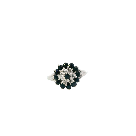 10K White Gold Diamond & Sapphire Flower Womens Ring - 0.07ct