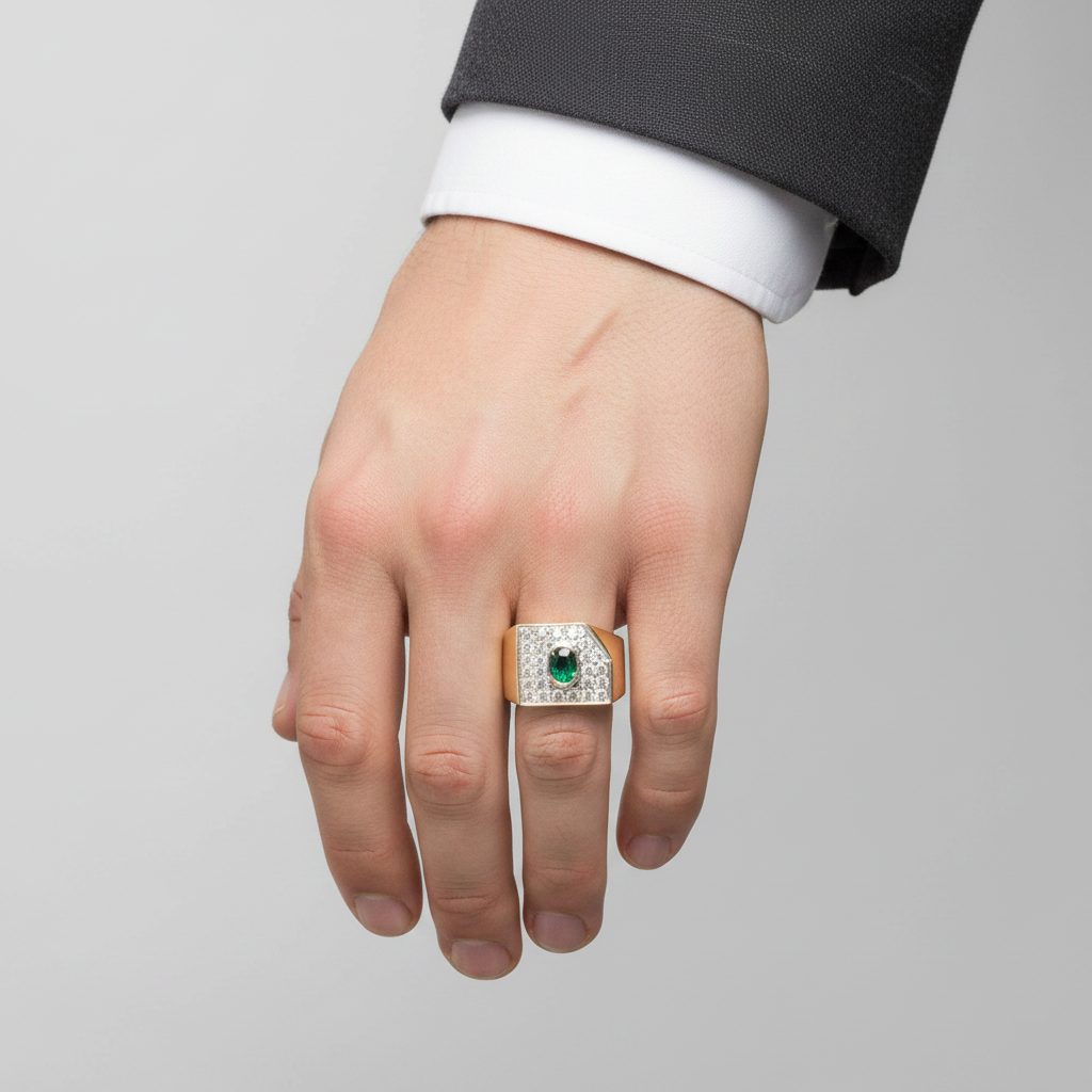 14K Yellow Gold Green Sapphire & Diamond Mens Ring - 0.75ct