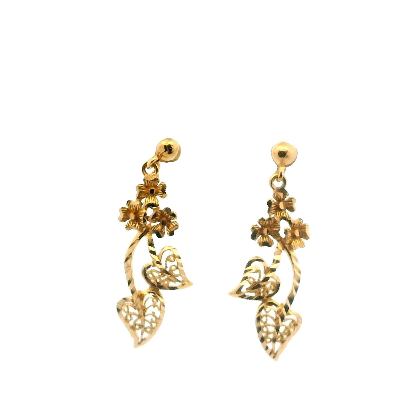 21K Yellow Gold Diamond Cut Flower & Leaf Dangle Earrings