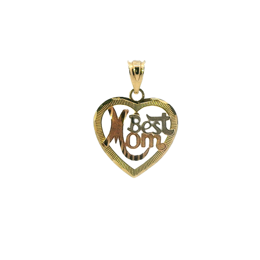 14K Tri Color Gold "Best Mom" Heart Pendant