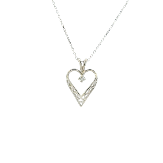 14K White Gold Diamond Heart & 16-18" Cable Chain -0.03ct