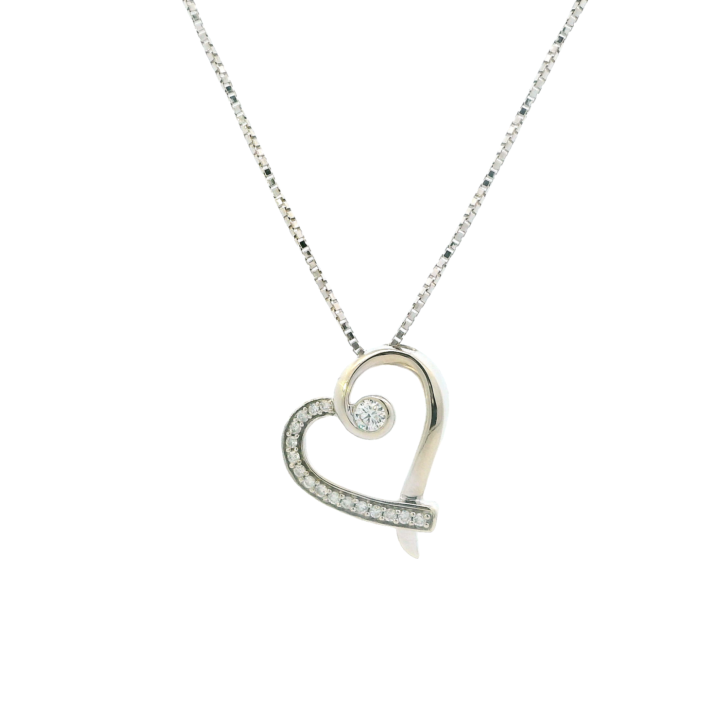 14K White Gold Diamond Heart Pendant & Cable Chain - 0.03ct