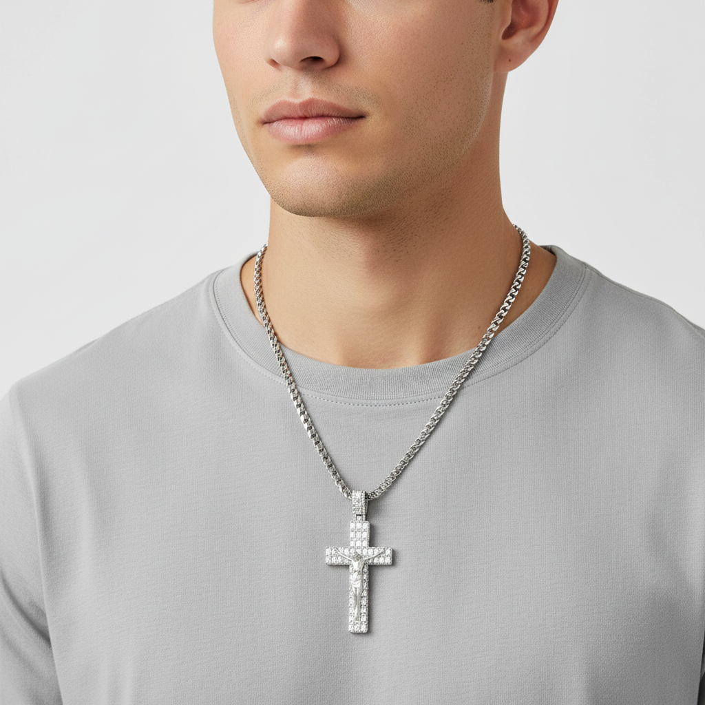 14K White Gold Diamond Crucifix Pendant & 23.75