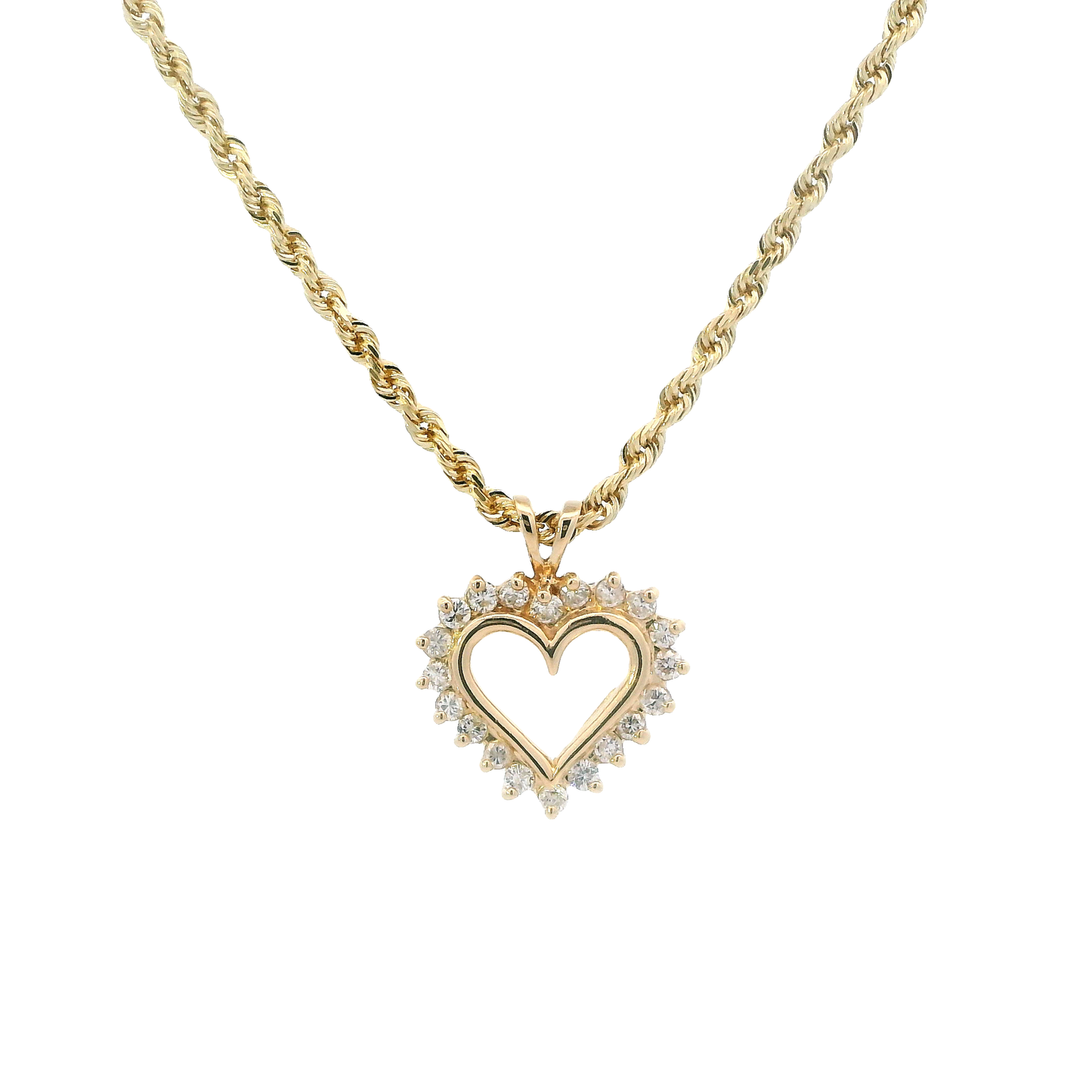 14K Yellow Gold Diamond Heart Pendant & Rope Chain - 0.40ct