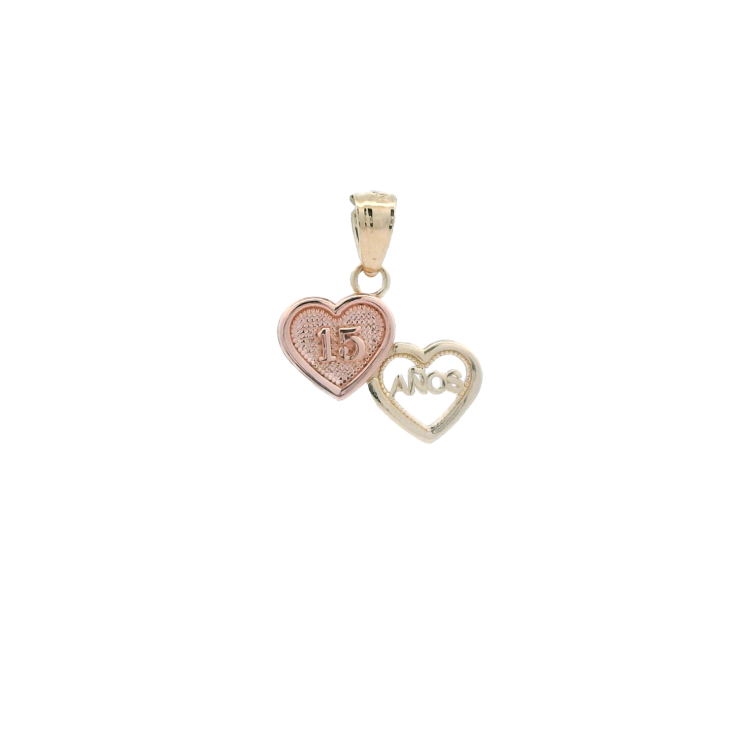 14K Yellow & Rose Gold Double Heart "15" Anos Pendant