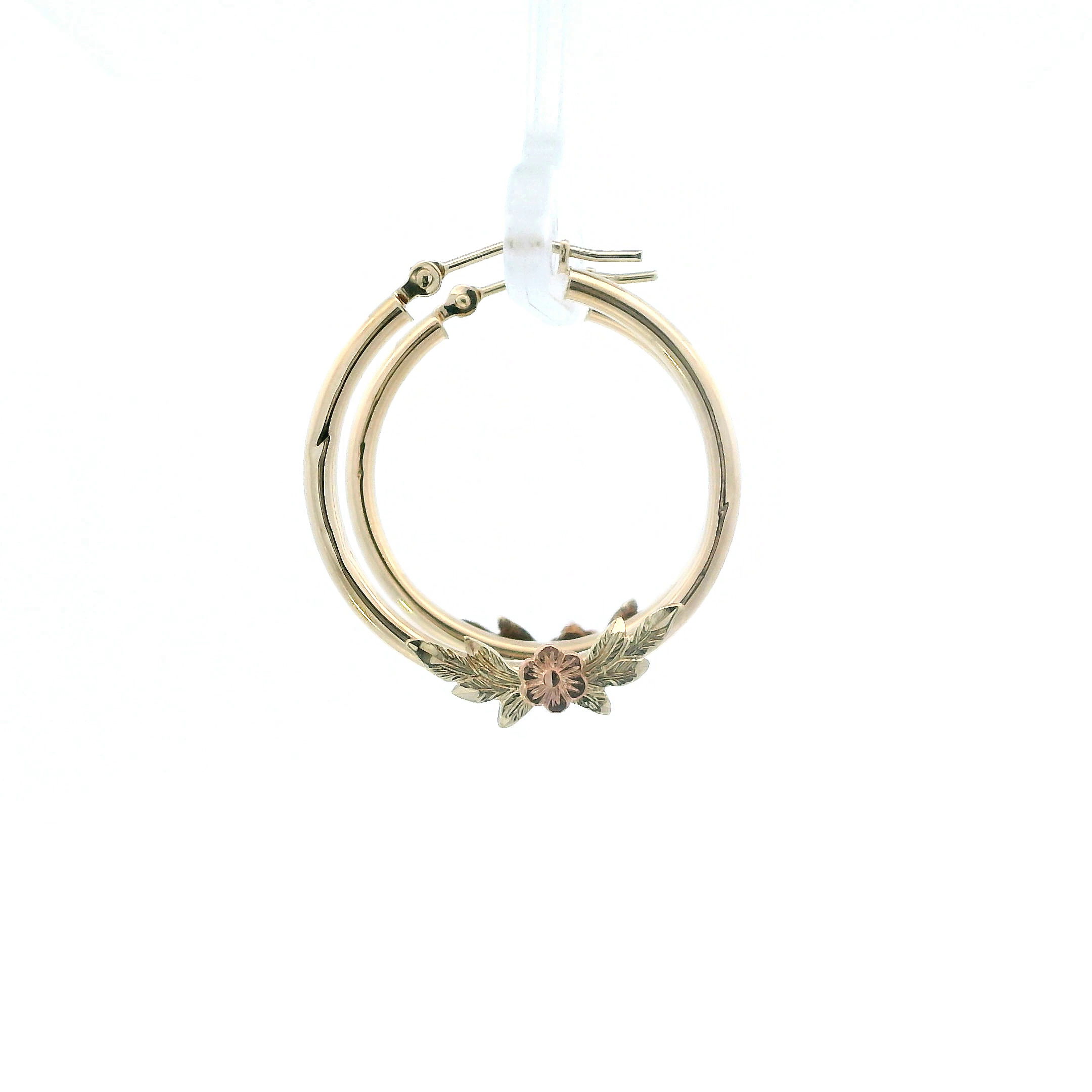 10K Yellow Gold Rose & Leaves Tube Hoops