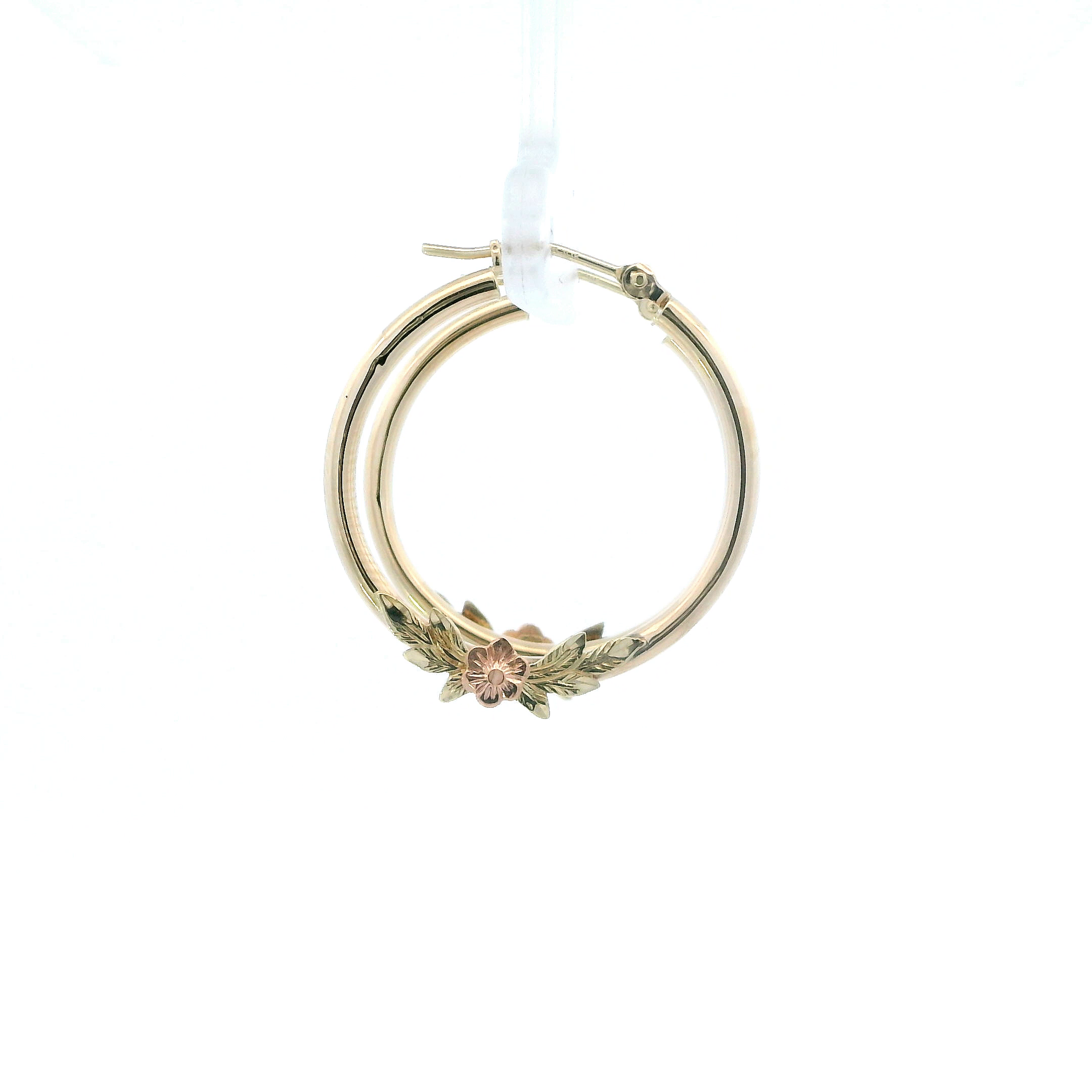 10K Yellow Gold Rose & Leaves Tube Hoops