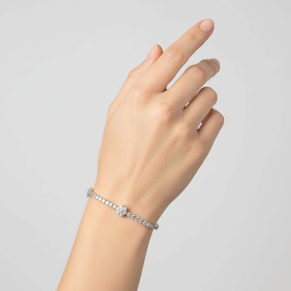 18K White Gold Diamond Flower Tennis Bracelet