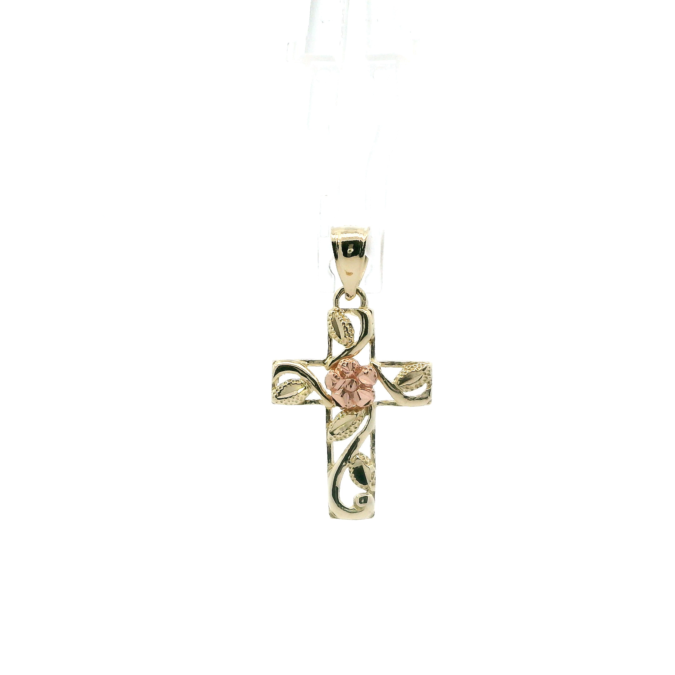 10K Yellow & Rose Gold Filgree Rose & Cross Pendant