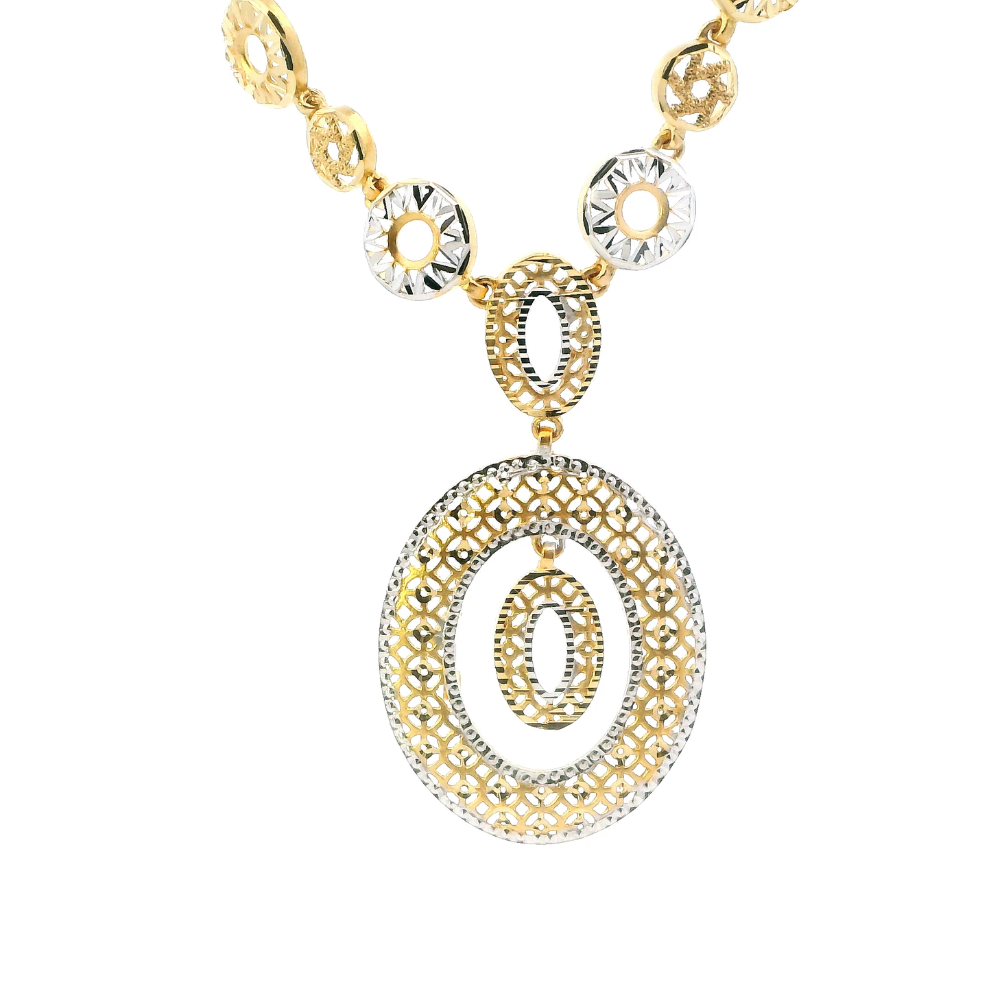 22K Yellow & White Gold Circle Dangle Necklace & Pendant