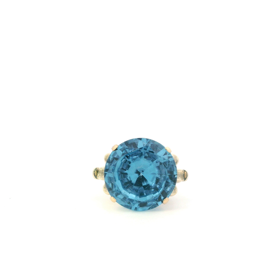 14K Yellow Gold Round Blue Topaz Womens Ring