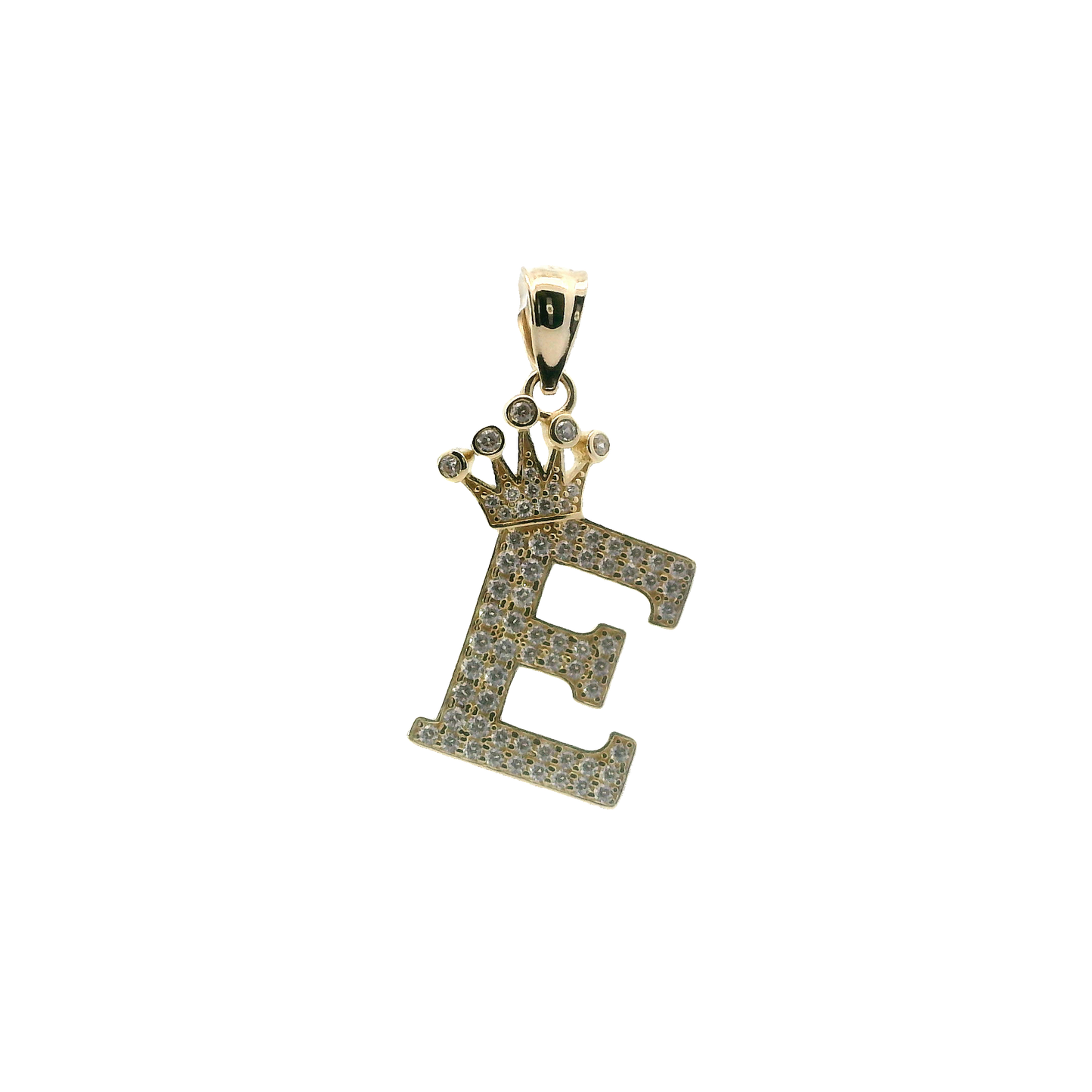 10K Yellow Gold CZ Letter "E" Crown Pendant