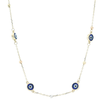 14K Yellow Gold Blue Evil Eye Beaded 18