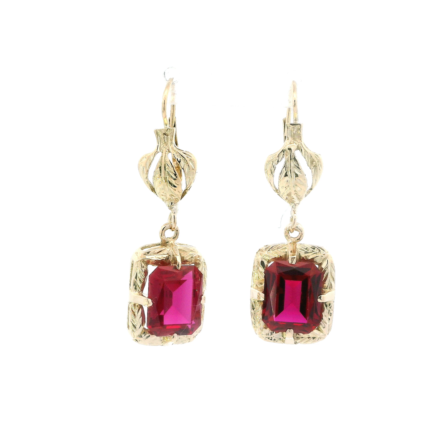 14K Yellow Gold Rectangle Ruby Dangle Earrings