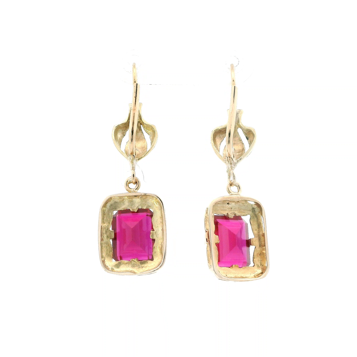 14K Yellow Gold Rectangle Ruby Dangle Earrings